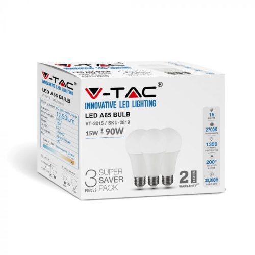 V-TAC LED izzó  csomag (3 db) E27 A65 15W 200° 6400K gömb - 212818