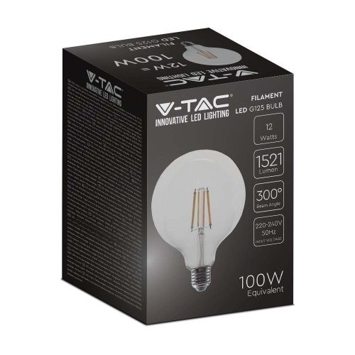 V-TAC Átlátszó LED izzó filament COG  E27 G125 12.5W 6500K nagygömb - 217455